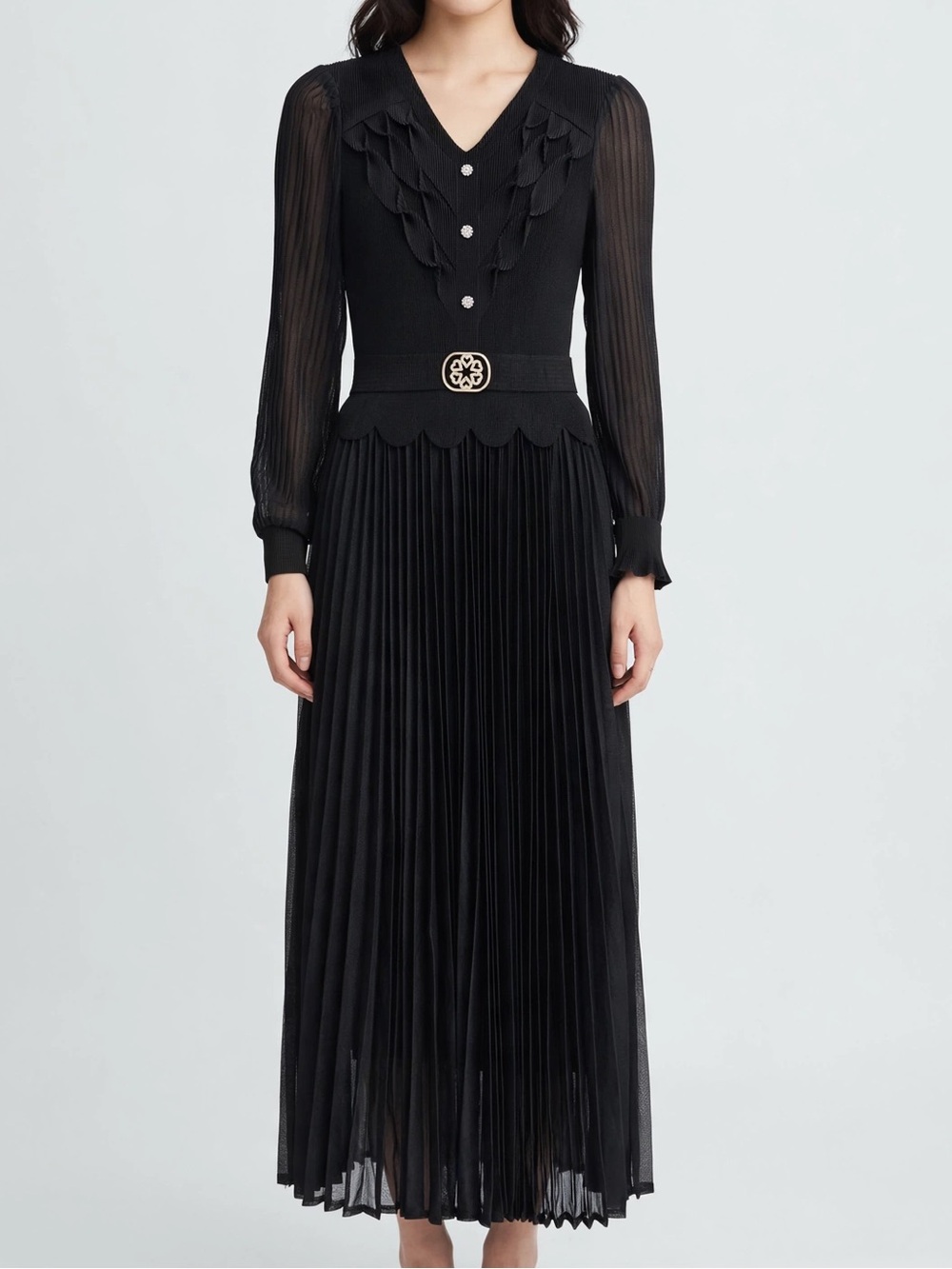 Elegant Black Pleated Midi Dress Sheer Long Sleeve Ruffle Trim Belted NEW